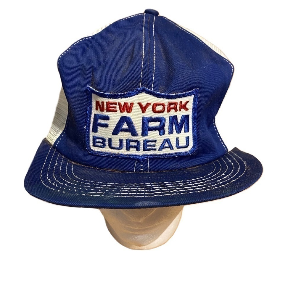 Vintage New York Farm Bureau Patch Mesh Snap Back Trucker Hat Red White Blue